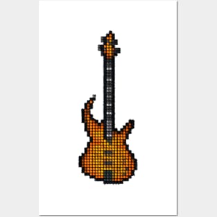 Tiled Pixel Burning Fire Bass Guitar Upright Posters and Art